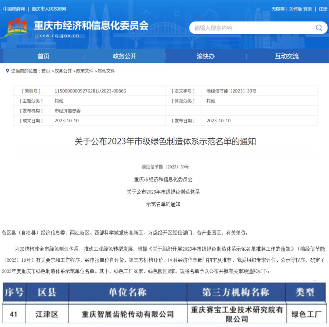 2023年市級(jí)綠色制造體系示范名單公布！重慶智展齒輪傳動(dòng)有限公司獲評(píng)“重慶綠色工廠(chǎng)”